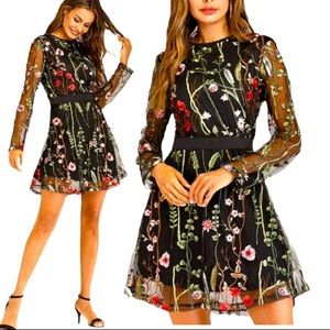 Dress mini floral mesh fashion LongSleeve casual cocktail black green